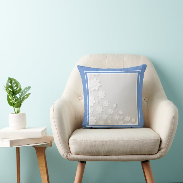 Coussin Fleurs blanches modernes en bleu (Chaise)