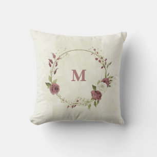 Coussin fleurs blanches rose poussiéreuse