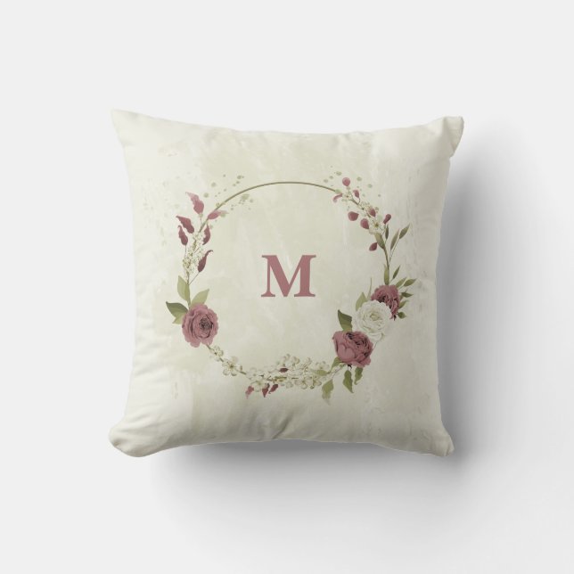 Coussin fleurs blanches rose poussiéreuse (Recto)