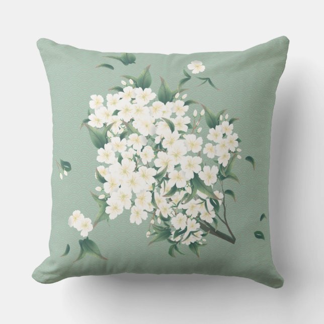 Coussin Fleurs blanches sur la Chinoiserie verte Nuages Mo (Recto)