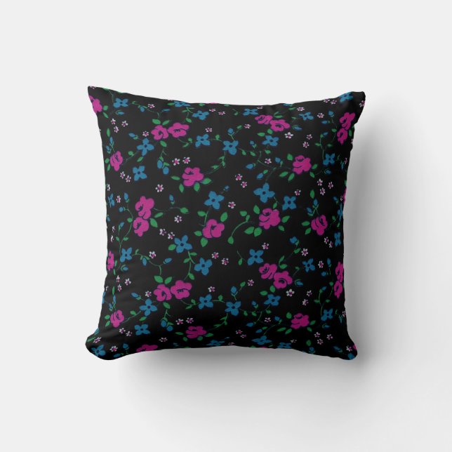 Coussin Fleurs bleu rose Motif, feuilles verts (Recto)