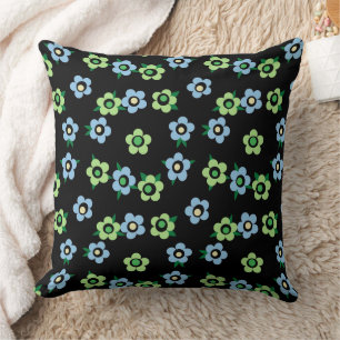 Coussin Fleurs bleu-vert sur fond noir rétro