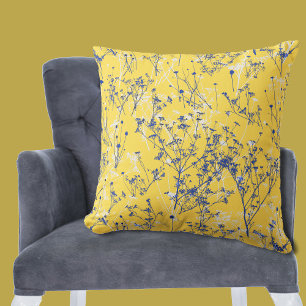 Coussin Fleurs bleues Abstraites modernes moutarde Jaune