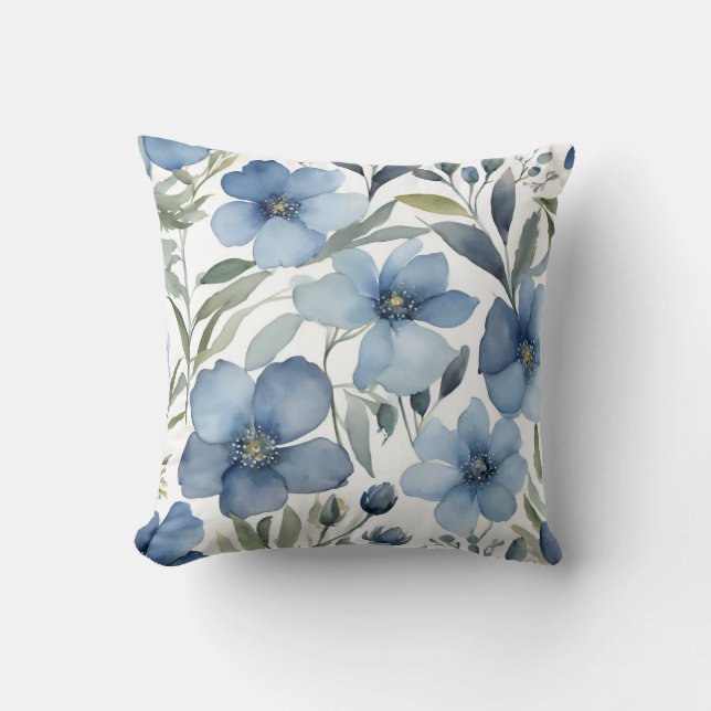 Coussin Fleurs Bleues Art Design Floral Aquarelles (Recto)