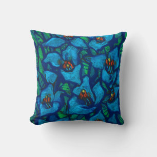 Coussin Fleurs bleues, art floral moderne, peinture pastel