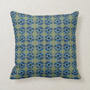 Coussin Fleurs Bleues Chic Motif avec Vert Olive 