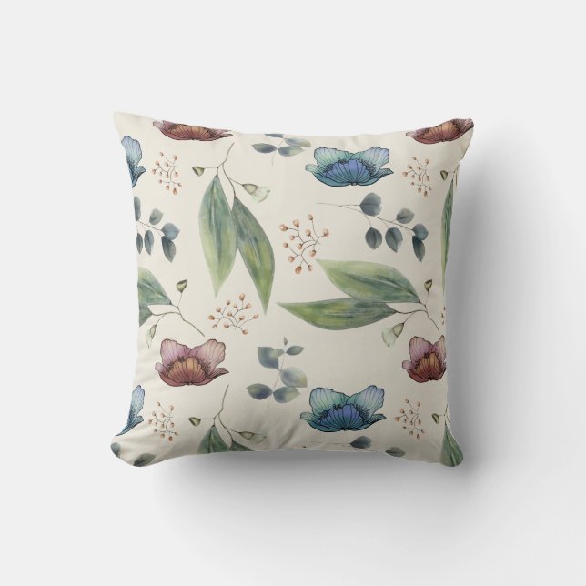 Coussin Fleurs bleues de feuillage vert eucalyptus (Recto)