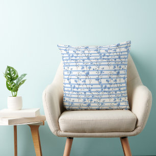 Coussin Fleurs Bleues Élégantes à Motif Rayé