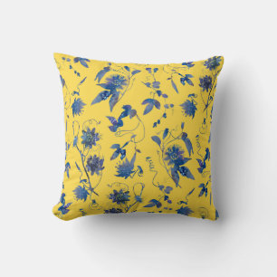 Coussin Fleurs Bleues Élégantes Modernes Mustard Jaune