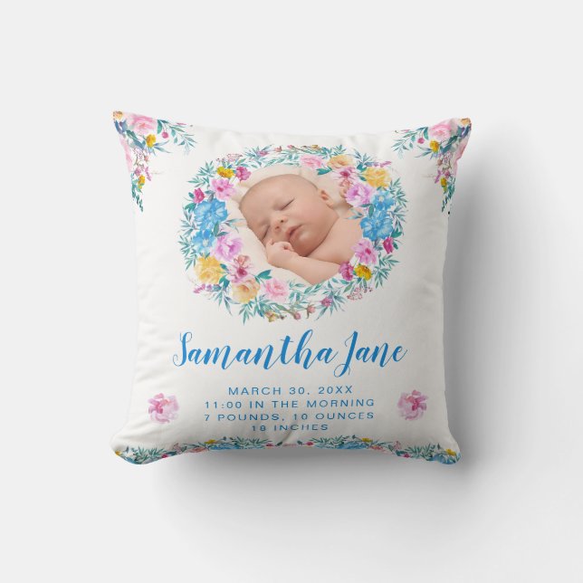 Coussin Fleurs bleues et blush à l'aquarelle Photo de bébé (Recto)