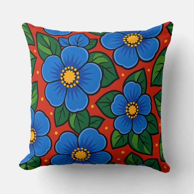 Coussin Fleurs bleues et feuilles vertes sur fond rouge (Recto)