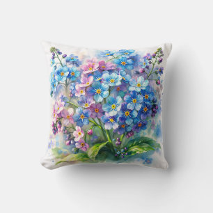 Coussin Fleurs Bleues et Roses Forget-Me-Not Aquarelle