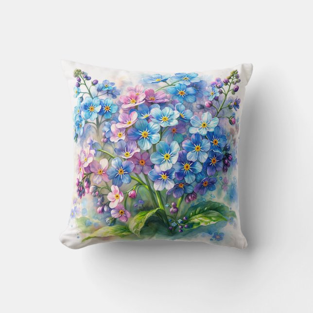 Coussin Fleurs Bleues et Roses Forget-Me-Not Aquarelle (Recto)