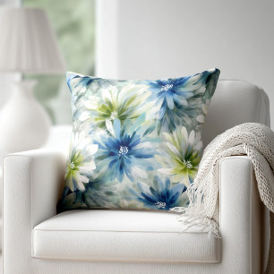 Coussin Fleurs bleues et vertes à l'aquarelle