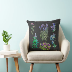 Coussin Fleurs bleues et violettes en aquarelles