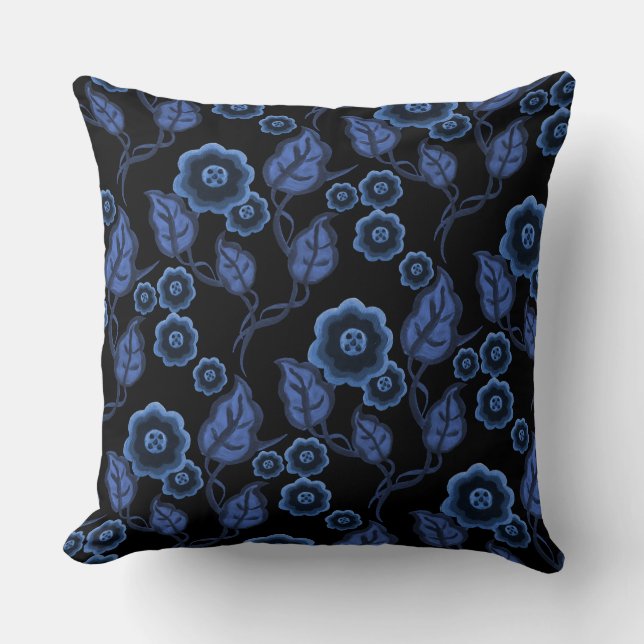 Coussin Fleurs bleues, feuille bleu, art populaire (Recto)