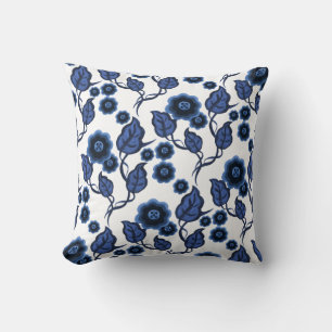 Coussin Fleurs bleues, feuille bleu, art populaire floral