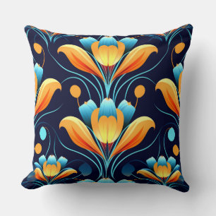 Coussin Fleurs bleues orange Art Déco