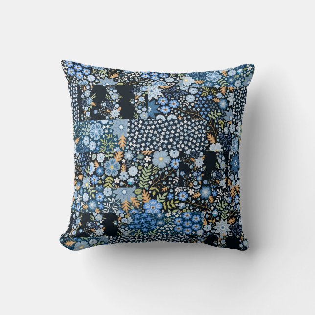 Coussin Fleurs Bleues Patchwork : Tissu sans couture. (Recto)