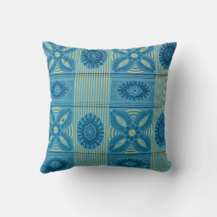 Coussin Fleurs bleues rayures jaunes Motif d'art vintage