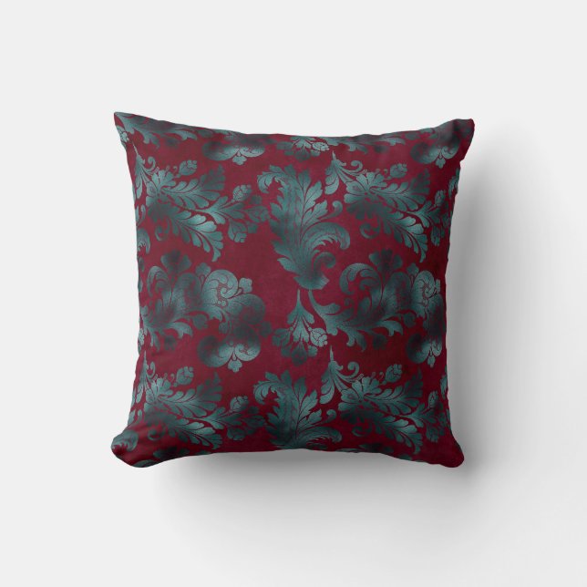 Coussin Fleurs bleues vertes sur vin rouge (Recto)