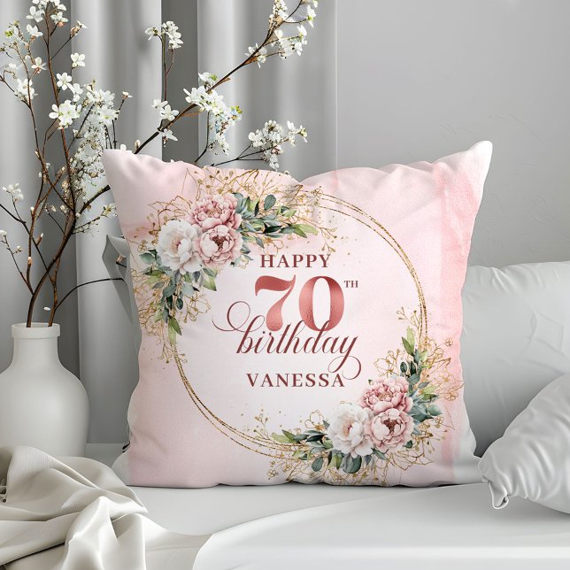 Coussin Fleurs Bohèmes Rose Gold 70e Anniversaire  (Rose Gold Bohemian Flowers Pillow 70th Birthday Pillow)