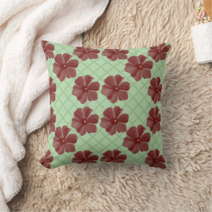 Coussin Fleurs bordeaux élégantes sur fond vert sauge