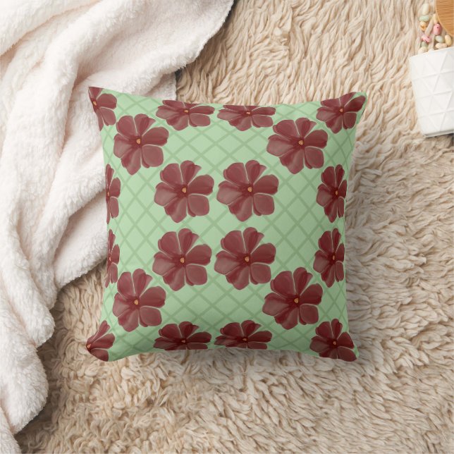 Coussin Fleurs bordeaux élégantes sur fond vert sauge  (Couverture)
