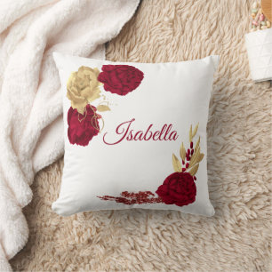 Coussin fleurs bordeaux et feuilles dorées blanches