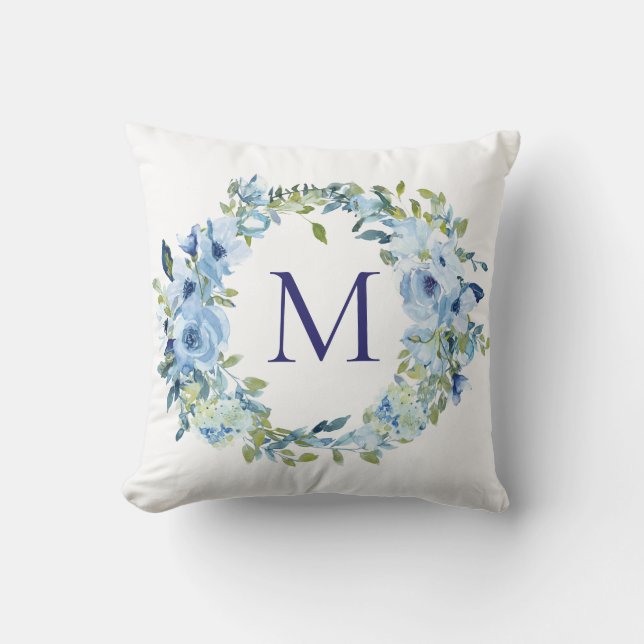 Coussin Fleurs botaniques aquarelle bleu vert Monogramme  (Recto)