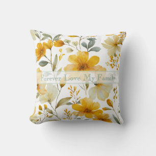 Coussin Fleurs botaniques aquarelles jaunes Texte éditable