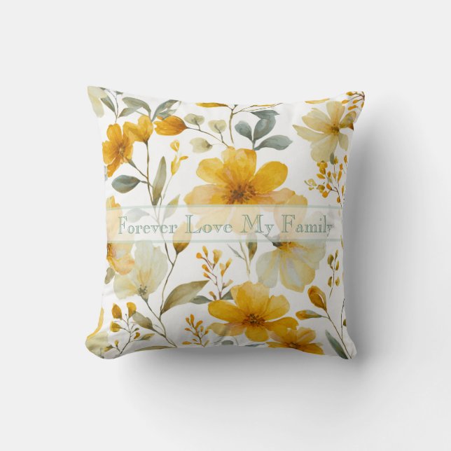 Coussin Fleurs botaniques aquarelles jaunes Texte éditable (Recto)