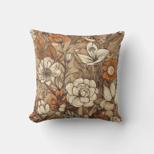Coussin Fleurs botaniques crème et rouille sur beige chaud
