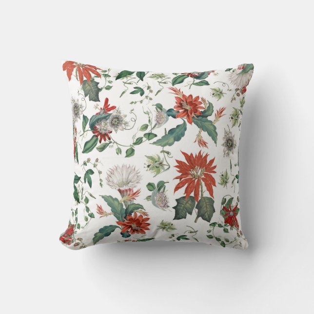 Coussin Fleurs botaniques festives rouges feuilles vertes (Recto)