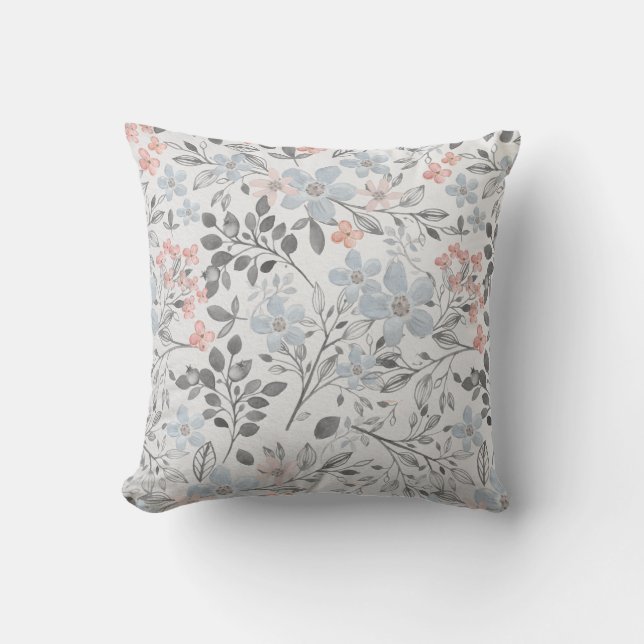 Coussin Fleurs botaniques florales bleues roses grises Feu (Recto)