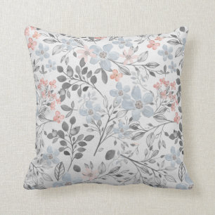 Coussin Fleurs botaniques florales bleues roses grises Feu
