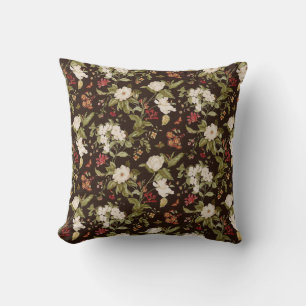 Coussin Fleurs botaniques marron et blanches florales vint