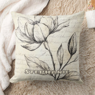 Coussin Fleurs Botaniques Sépia Élégantes Écriture Vintage
