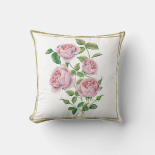 Coussin Fleurs Botaniques Vintage Roses Feuilles Vertes Or