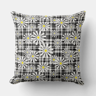 Coussin Fleurs chamomiques blanches sur à damiers noir bla