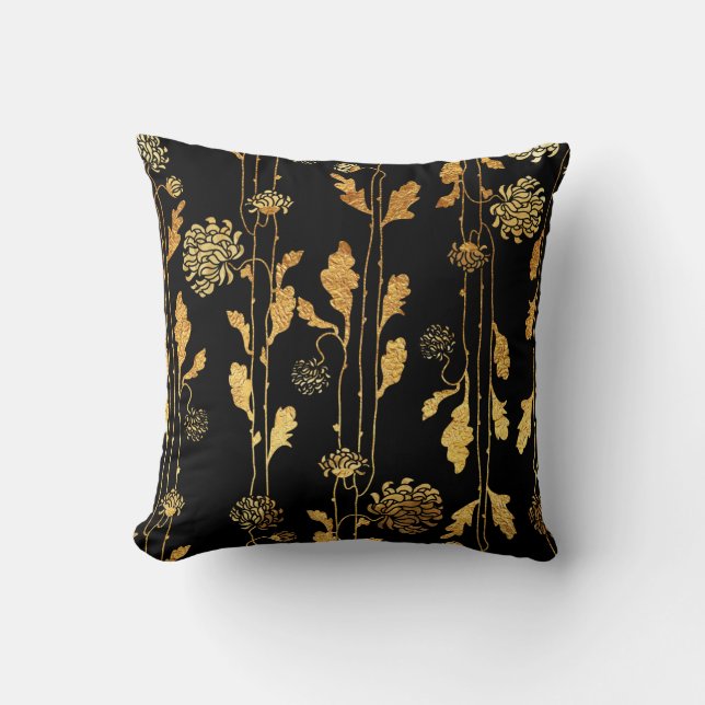 Coussin Fleurs chiques de feuille d'or de Faux sur le noir (Recto)