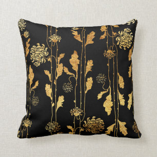 Coussin Fleurs chiques de feuille d'or de Faux sur le noir