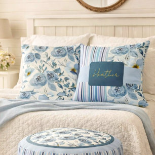 Coussin Fleurs Classiques Bleu Aquarelle Rayées Personnali