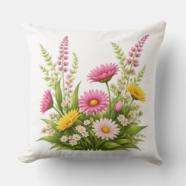 Coussin Fleurs Colorées avec Feuilles et Boutons (Recto)
