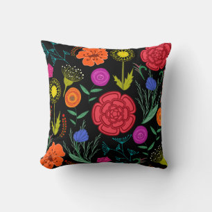 Coussin Fleurs Colorées Brillantes sur Fond Noir