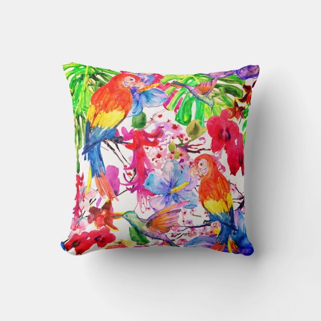 Coussin Fleurs Colorées Élégantes Et Oiseaux De Perroquet (Recto)