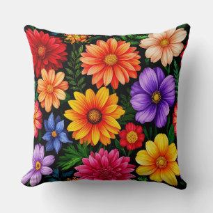 Coussin Fleurs Colorées sur Fond Noir