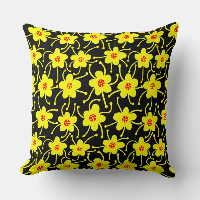 Coussin Fleurs concurrentes - Jaune et rouge sur fond noir (Recto)