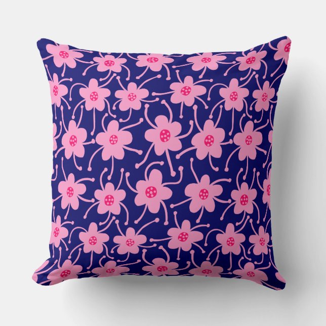 Coussin Fleurs concurrentes - Néon rouge et rose sur Deep  (Recto)