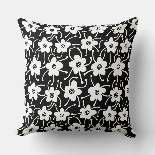 Coussin Fleurs concurrentes - Noir et Blanc sur Noir (Recto)